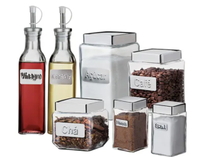 JOGO 7PC GALHETEIRO + POTE VIDRO TAMPA-INOX