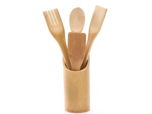 KIT 04 UTENSILIOS BAMBU C/SUPORTE REDONDO