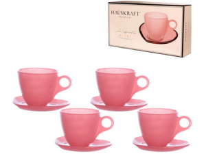 JOGO 4 XICARA+PIRES VIDRO 170ML ROSA