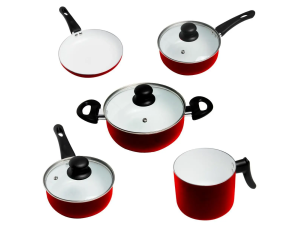 JOGO 5 PANELA ROMA VERMELHA  TAMPA-VIDRO