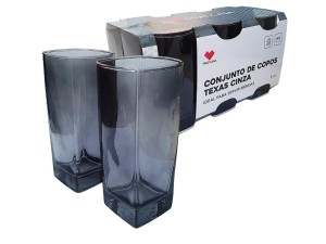 JOGO 6 COPO VIDRO 320ML CINZA FUNDO QUADRADO