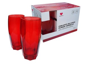 JOGO 6 COPO VIDRO 370ML VERMELHO FUNDO SEXTAVADO