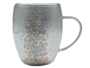 CANECA VIDRO 330ML C/GLITTER PAREDE DUPLA