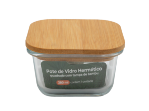 POTE VIDRO 380ML QUADRADO TAMPA-BAMBU