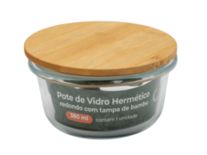 POTE VIDRO 400ML REDONDO TAMPA-BAMBU
