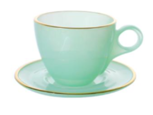 JOGO 06 XICARA+PIRES VIDRO 170ML VERDE BORDA OURO