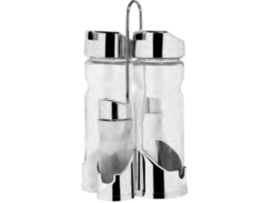 GALHETEIRO INOX/VIDRO C/04 + SUP CROMADO